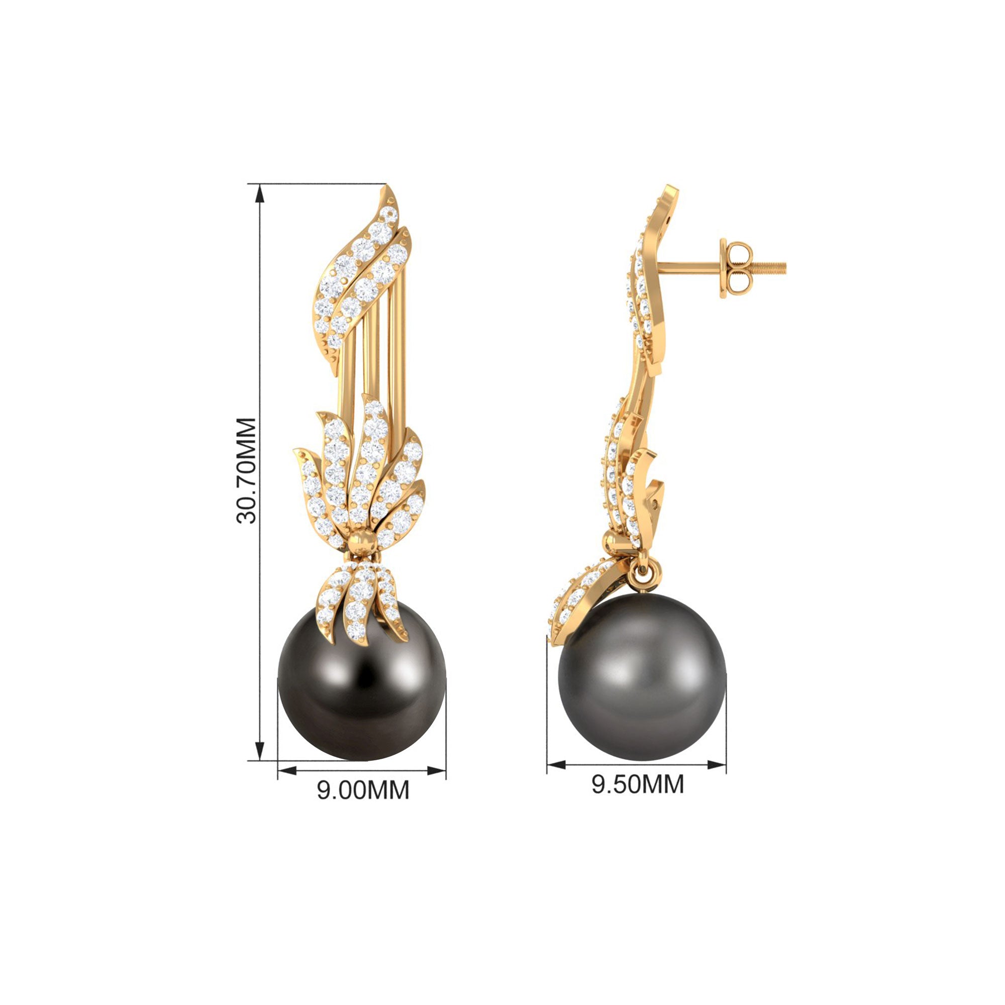 Designer Tahitian Pearl Drop Earrings with Diamond Tahitian pearl - ( AAA ) - Quality - Rosec Jewels