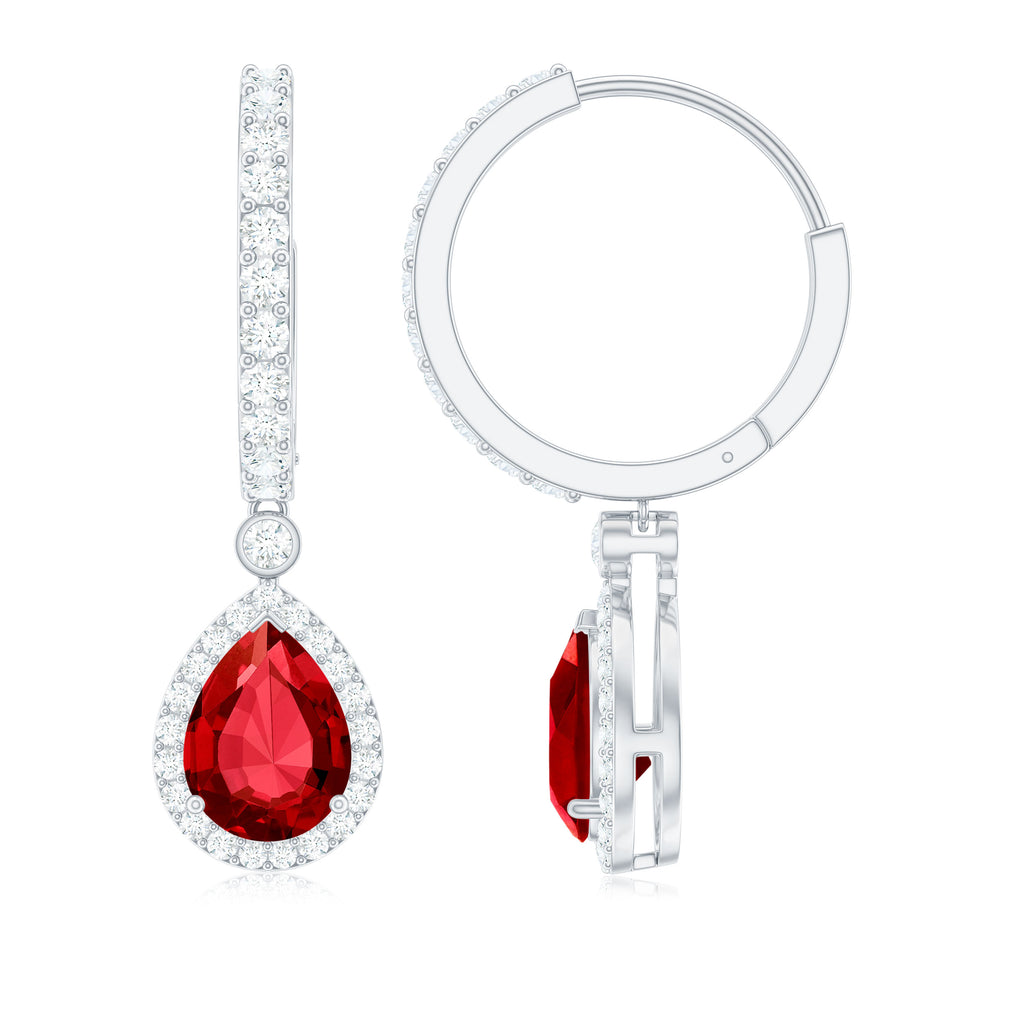 Classic Pear Cut Created Ruby and Moissanite Hoop Drop Earrings Lab Created Ruby - ( AAAA ) - Quality - Rosec Jewels