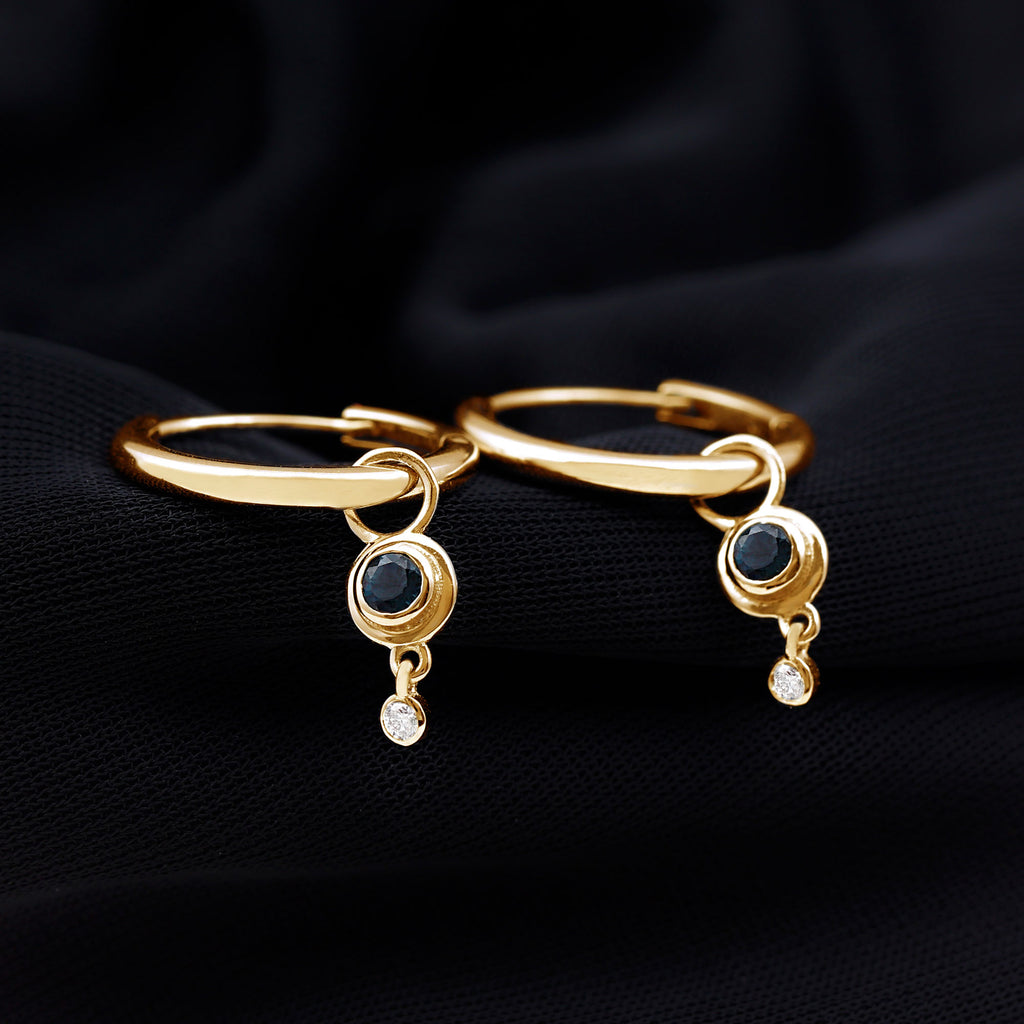 Bezel Set London Blue Topaz and Moissanite Hoop Drop Earrings in Gold London Blue Topaz - ( AAA ) - Quality - Rosec Jewels