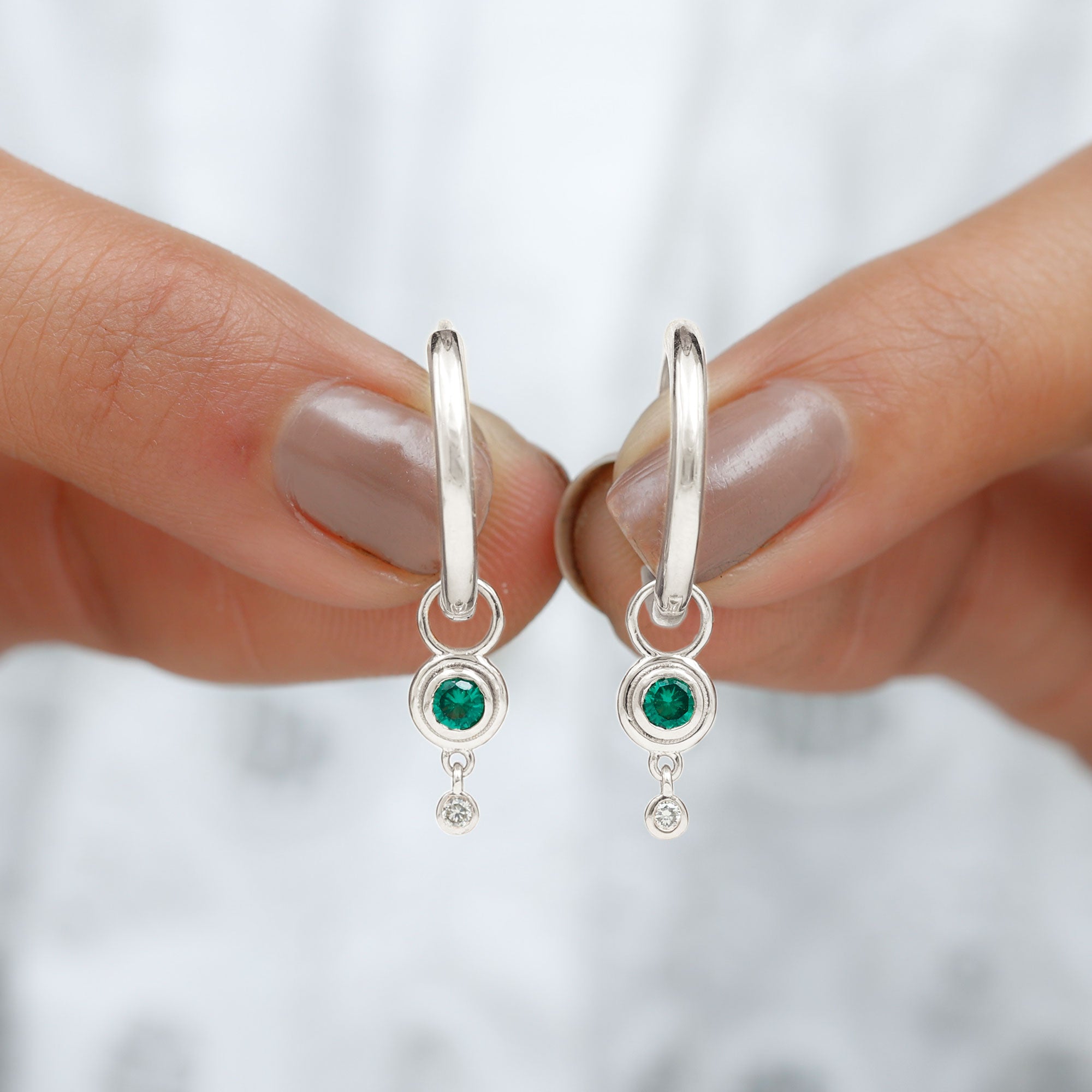 Simple Lab Grown Emerald and Diamond Drop Hoop Earrings Lab Created Emerald - ( AAAA ) - Quality - Rosec Jewels
