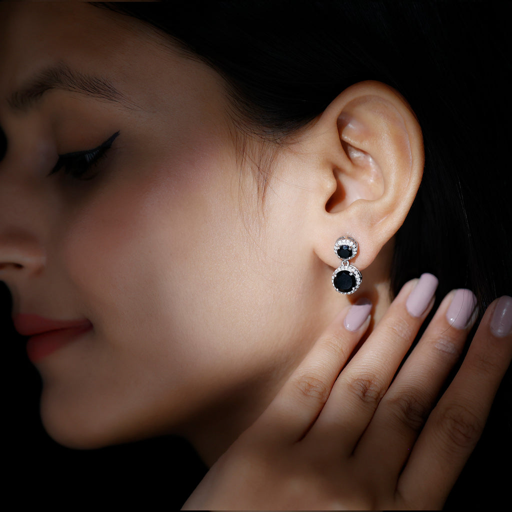 3.75 CT Black Onyx and Moissanite Halo Dangle Earrings Black Onyx - ( AAA ) - Quality - Rosec Jewels