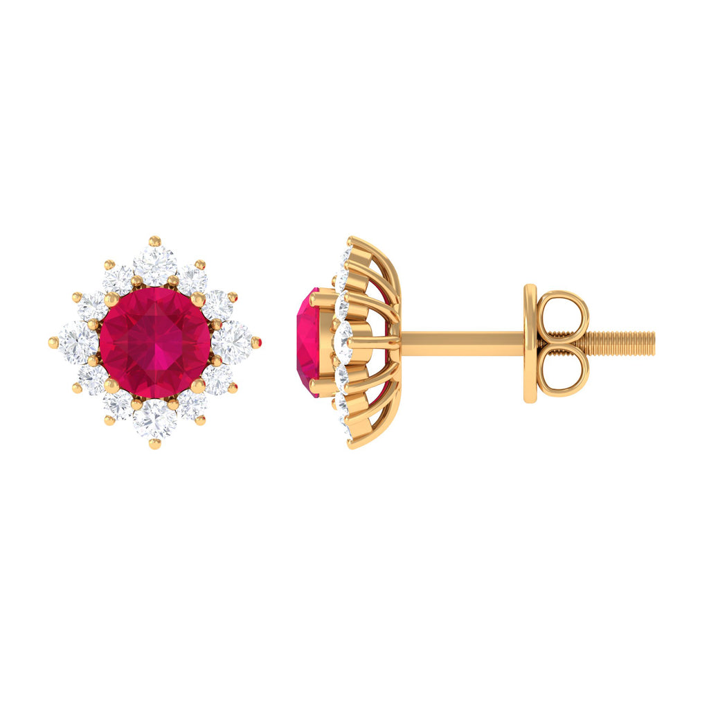 Classic Ruby Stud Earrings with Diamond Halo Ruby - ( AAA ) - Quality - Rosec Jewels