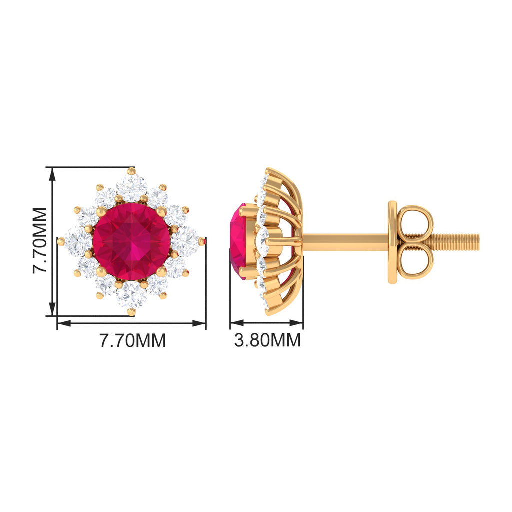 Classic Ruby Stud Earrings with Diamond Halo Ruby - ( AAA ) - Quality - Rosec Jewels