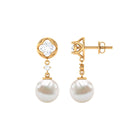 7 CT Freshwater Pearl Dangle Drop Earrings with Floral Moissanite Freshwater Pearl - ( AAA ) - Quality - Rosec Jewels
