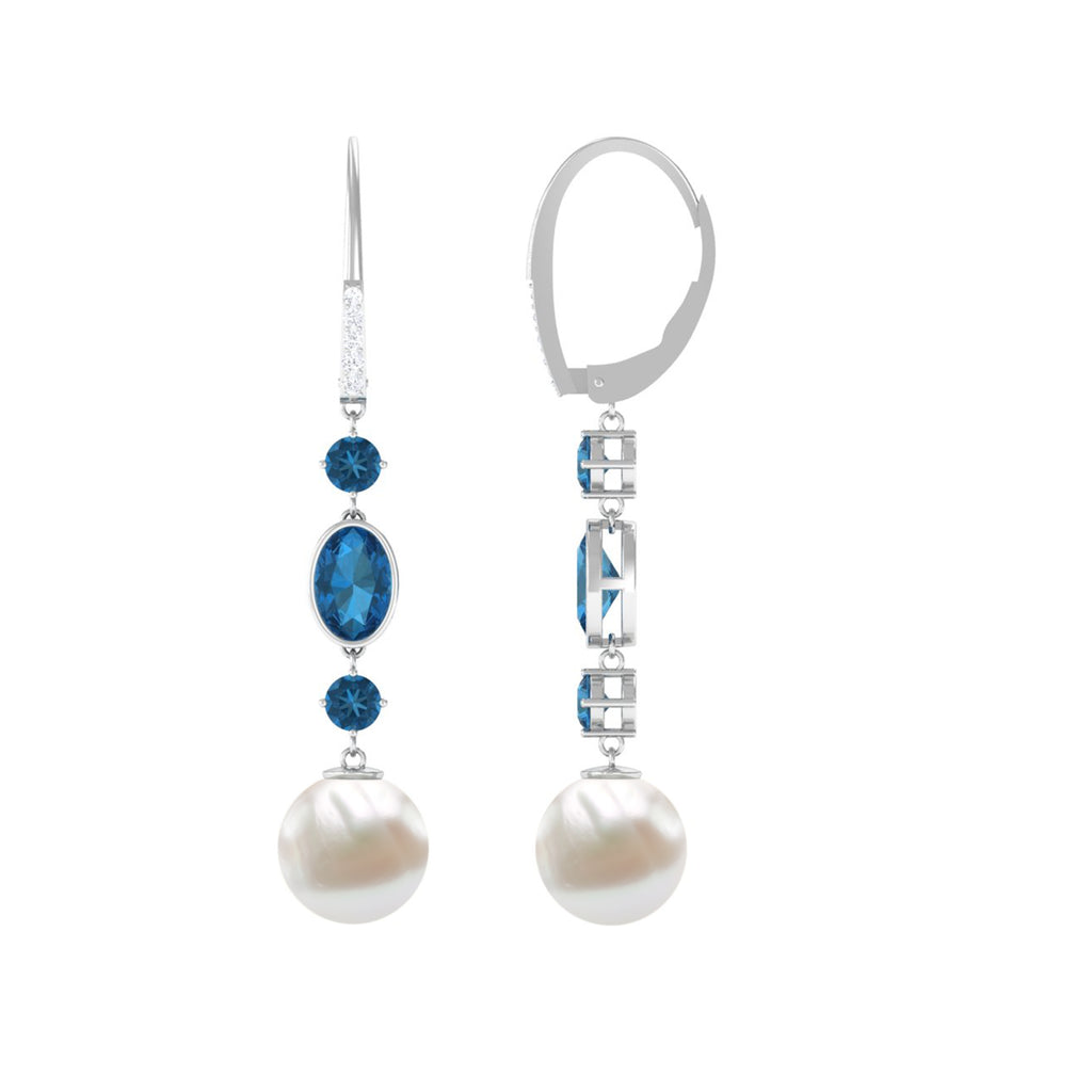 London Blue Topaz and Freshwater Pearl Dangle Earrings with Moissanite Freshwater Pearl - ( AAA ) - Quality - Rosec Jewels