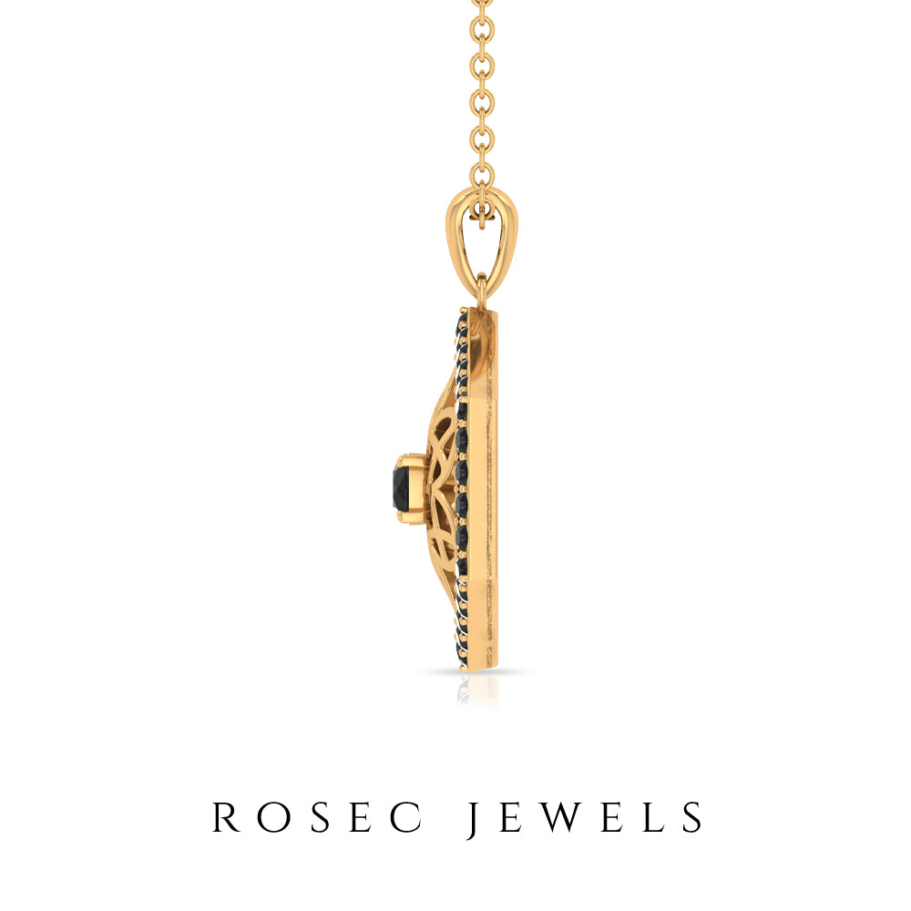 Black Diamond Gold Floral Pendant Necklace in Hexagon Shape Black Diamond - ( AAA ) - Quality - Rosec Jewels