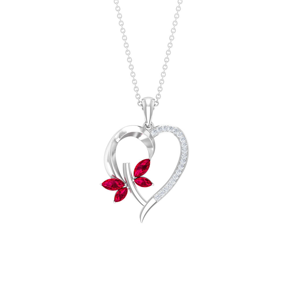 Two Tone Butterfly Heart Pendant with Created Ruby and Diamond Lab Created Ruby - ( AAAA ) - Quality - Rosec Jewels