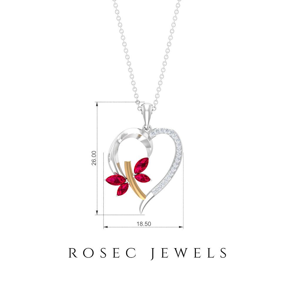 Two Tone Butterfly Heart Pendant with Created Ruby and Diamond Lab Created Ruby - ( AAAA ) - Quality - Rosec Jewels