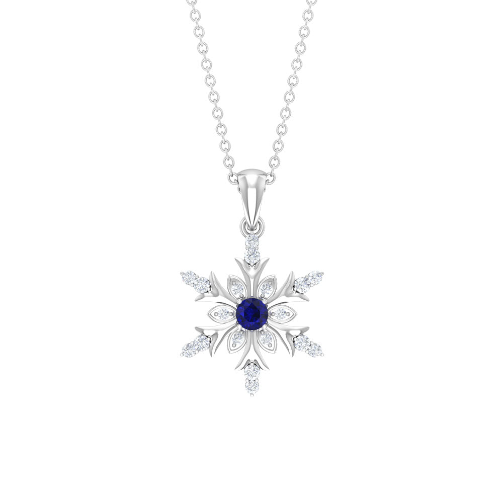 0.5 CT Contemporary Blue Sapphire and Diamond Snowflake Pendant Necklace Blue Sapphire - ( AAA ) - Quality - Rosec Jewels