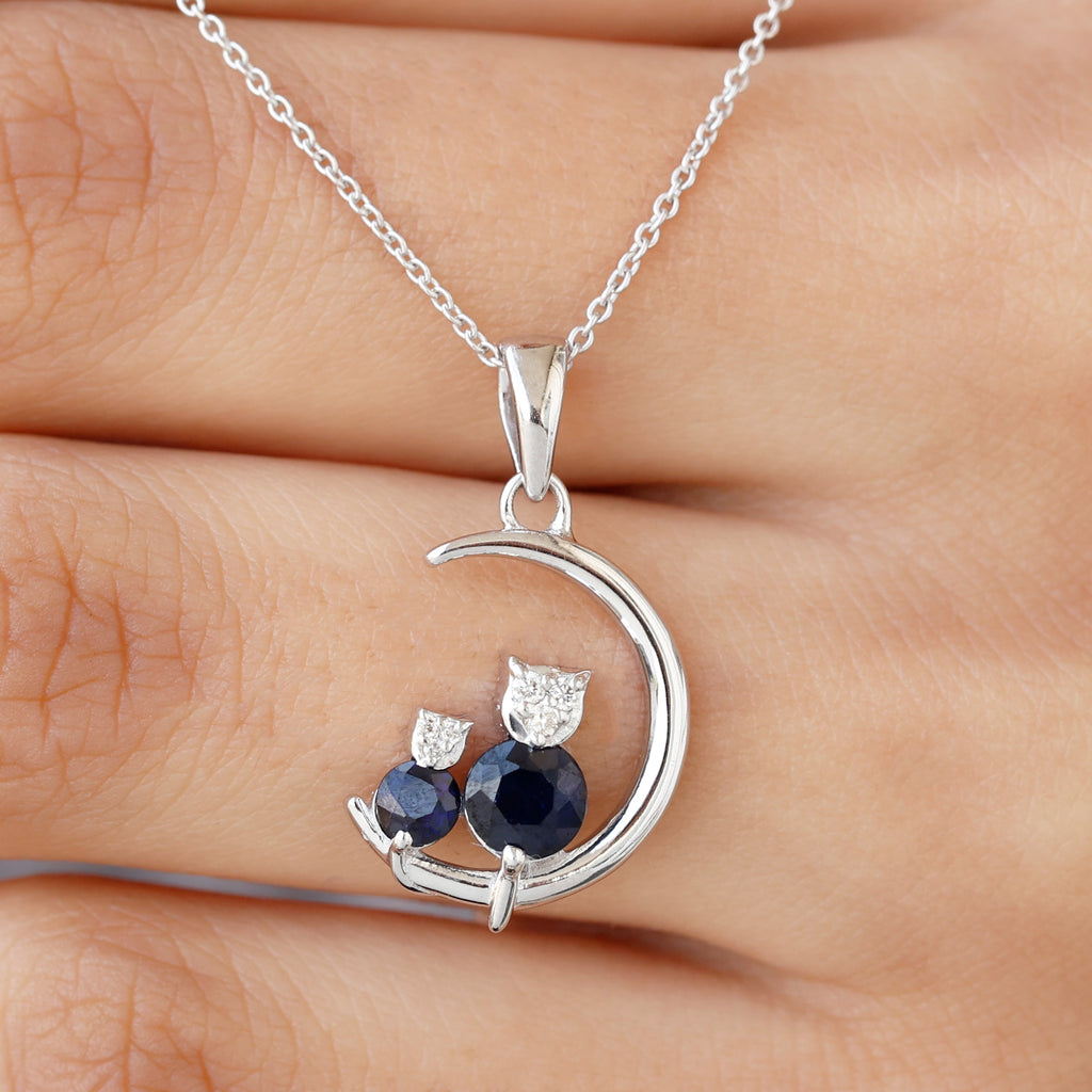 1.5 CT Blue Sapphire and Diamond Cat Moon Pendant Necklace Blue Sapphire - ( AAA ) - Quality - Rosec Jewels