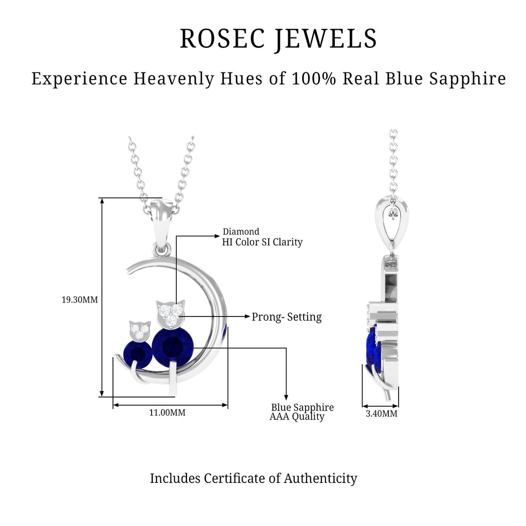 1.5 CT Blue Sapphire and Diamond Cat Moon Pendant Necklace Blue Sapphire - ( AAA ) - Quality - Rosec Jewels
