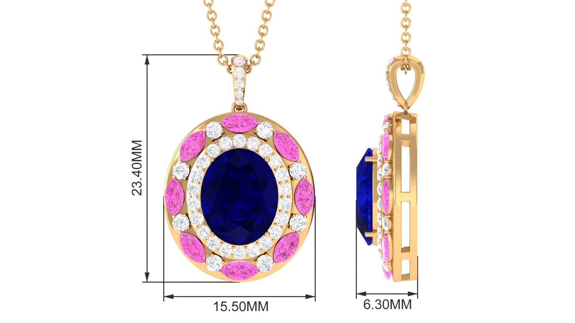 Created Blue and Pink Sapphire Oval Pendant with Moissanite Lab Created Blue Sapphire - ( AAAA ) - Quality - Rosec Jewels