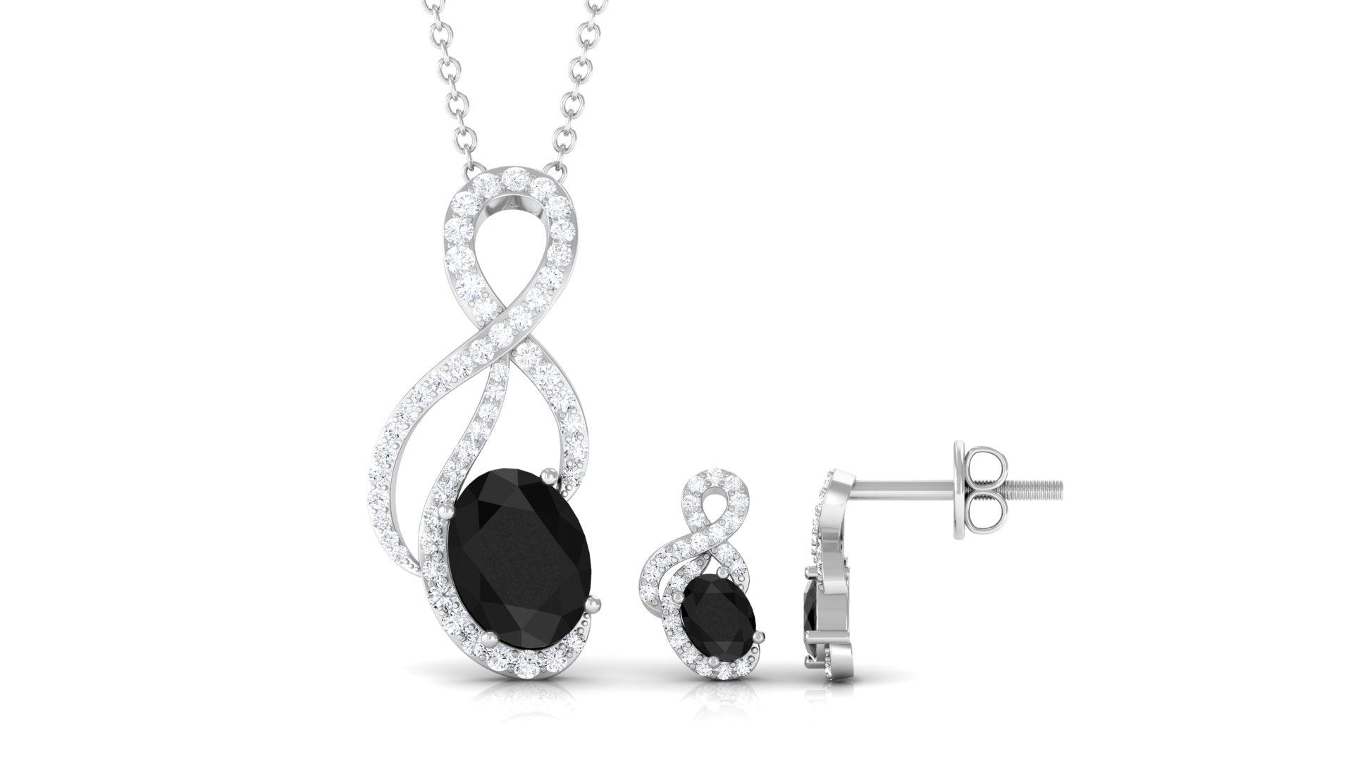 Oval Black Onyx Infinity Jewelry Set with Diamond Black Onyx - ( AAA ) - Quality - Rosec Jewels