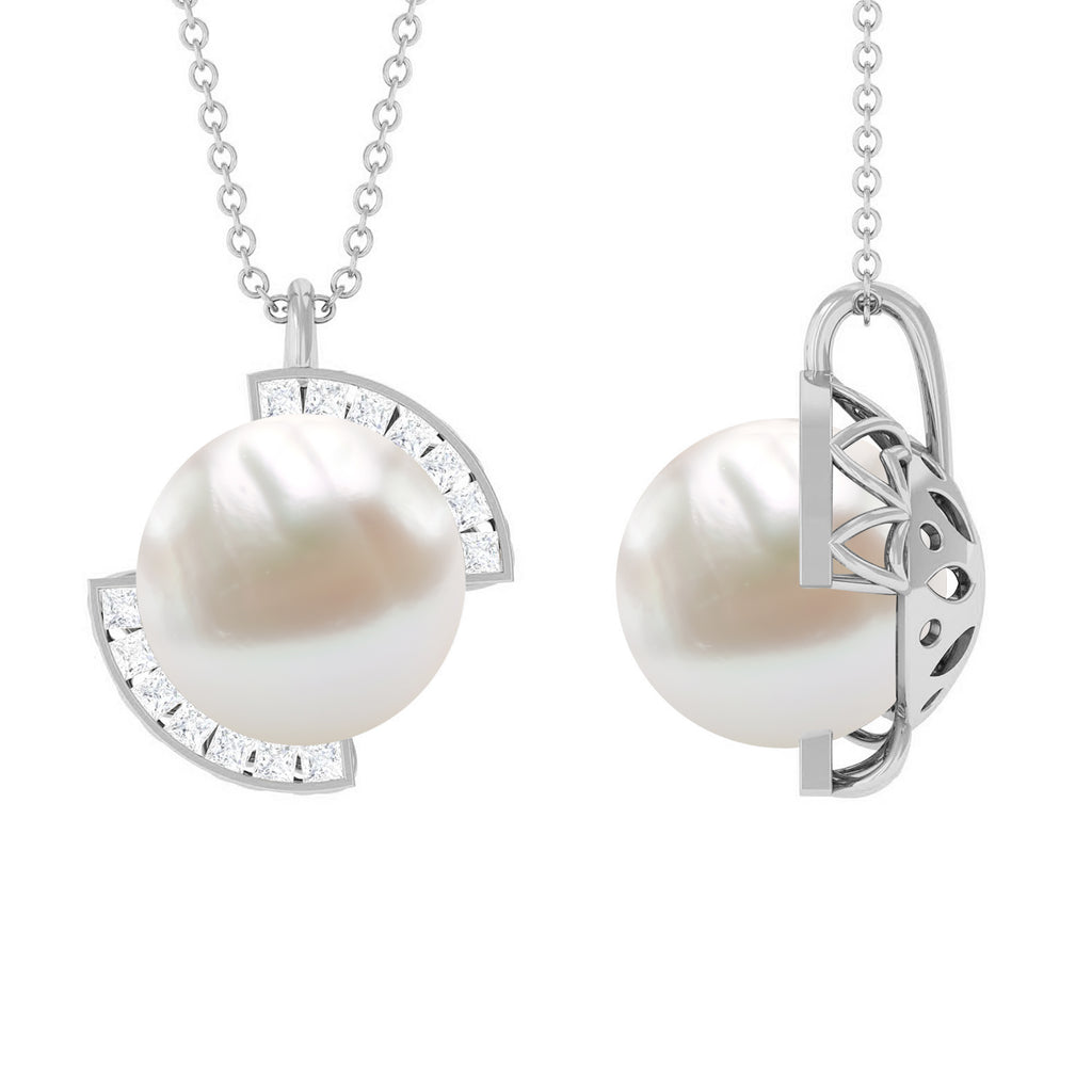 Freshwater Pearl and Diamond Minimal Pendant Necklace Freshwater Pearl - ( AAA ) - Quality - Rosec Jewels