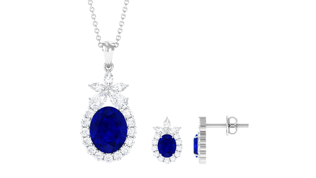Oval Created Blue Sapphire Designer Flower Jewelry Set with Moissanite Lab Created Blue Sapphire - ( AAAA ) - Quality - Rosec Jewels