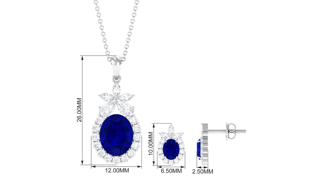 Oval Created Blue Sapphire Designer Flower Jewelry Set with Moissanite Lab Created Blue Sapphire - ( AAAA ) - Quality - Rosec Jewels