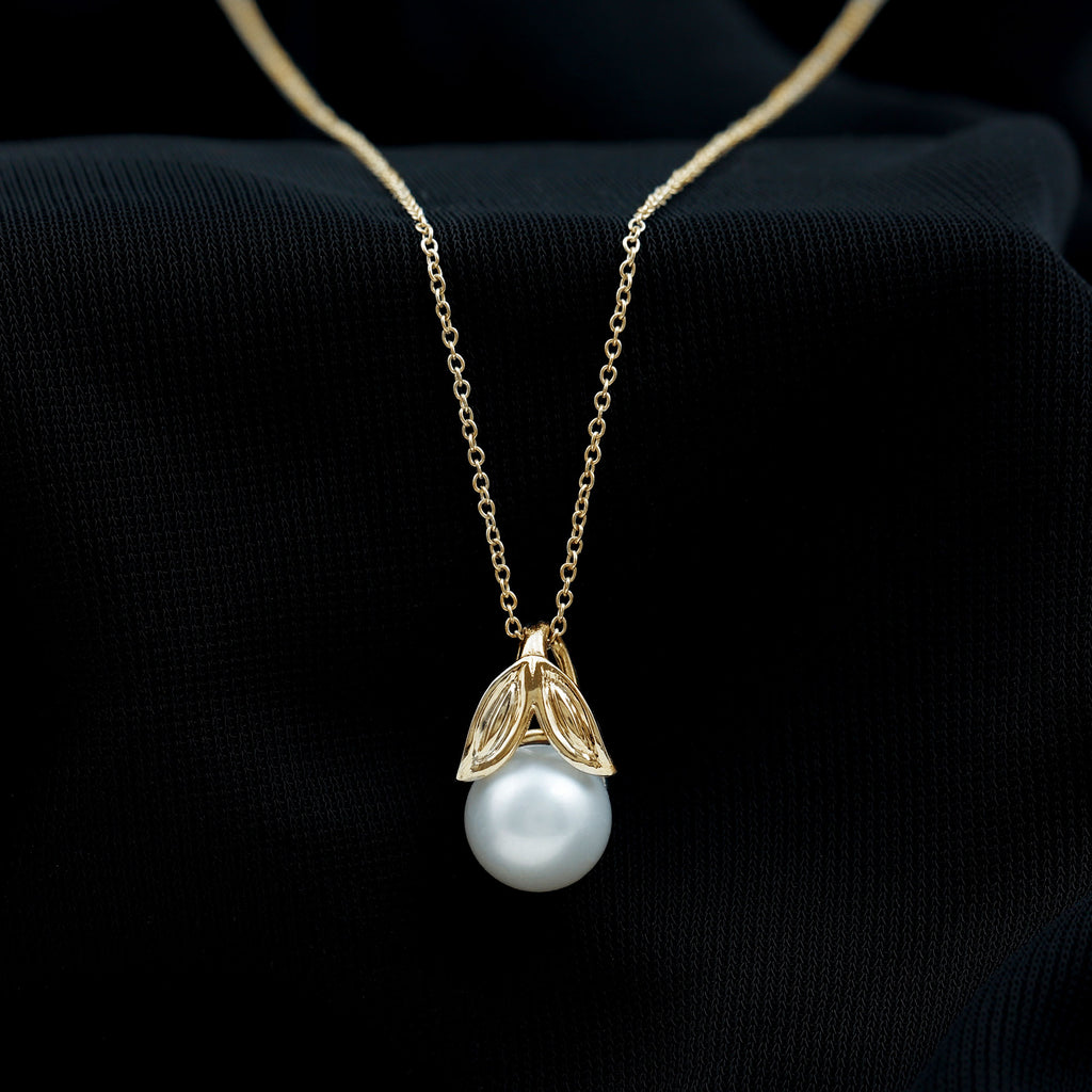 Freshwater Pearl Solitaire Pendant with Leaf Freshwater Pearl - ( AAA ) - Quality - Rosec Jewels