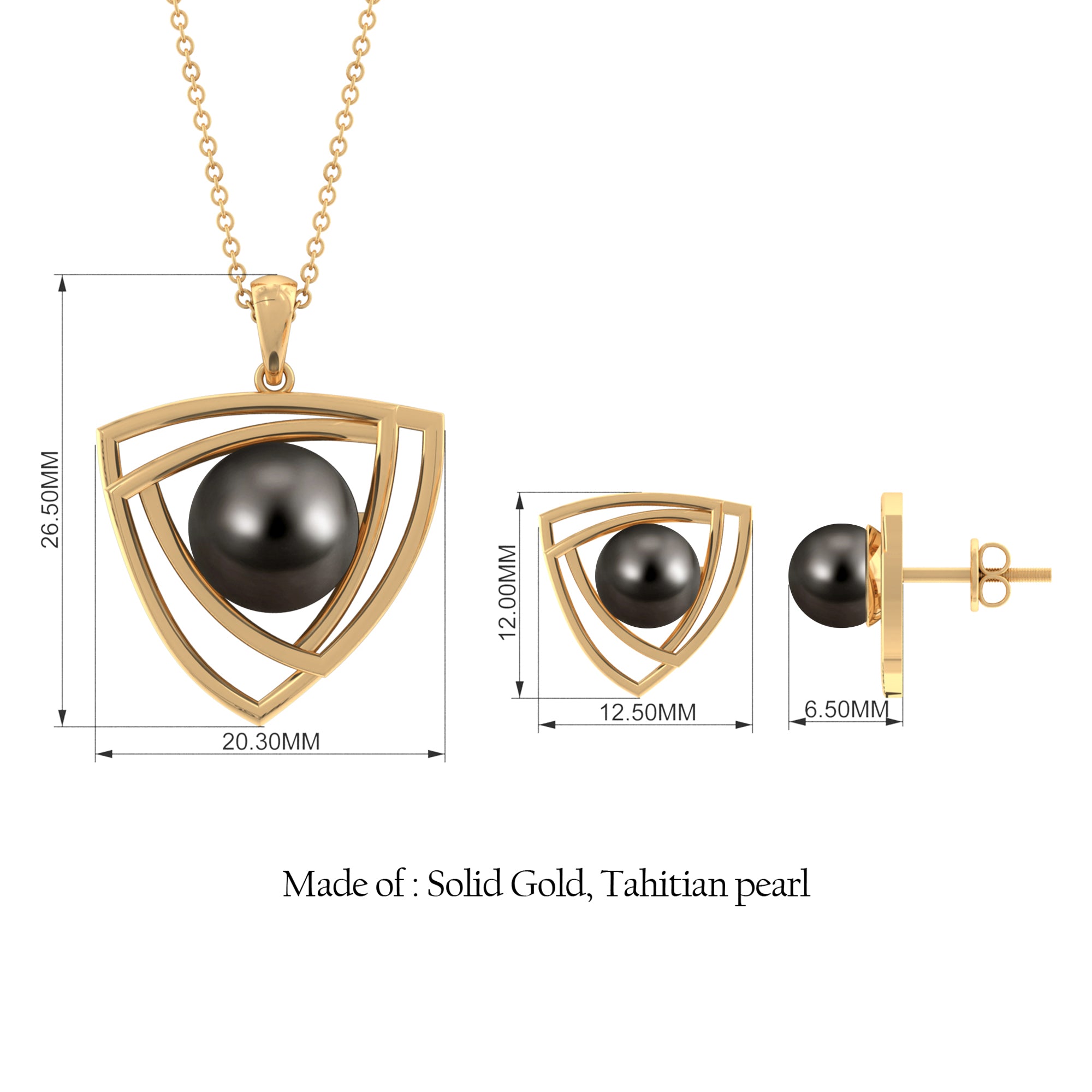 12.50 CT Black Tahitian Pearl Jewelry Set in Gold Triangle Shape Tahitian pearl - ( AAA ) - Quality - Rosec Jewels