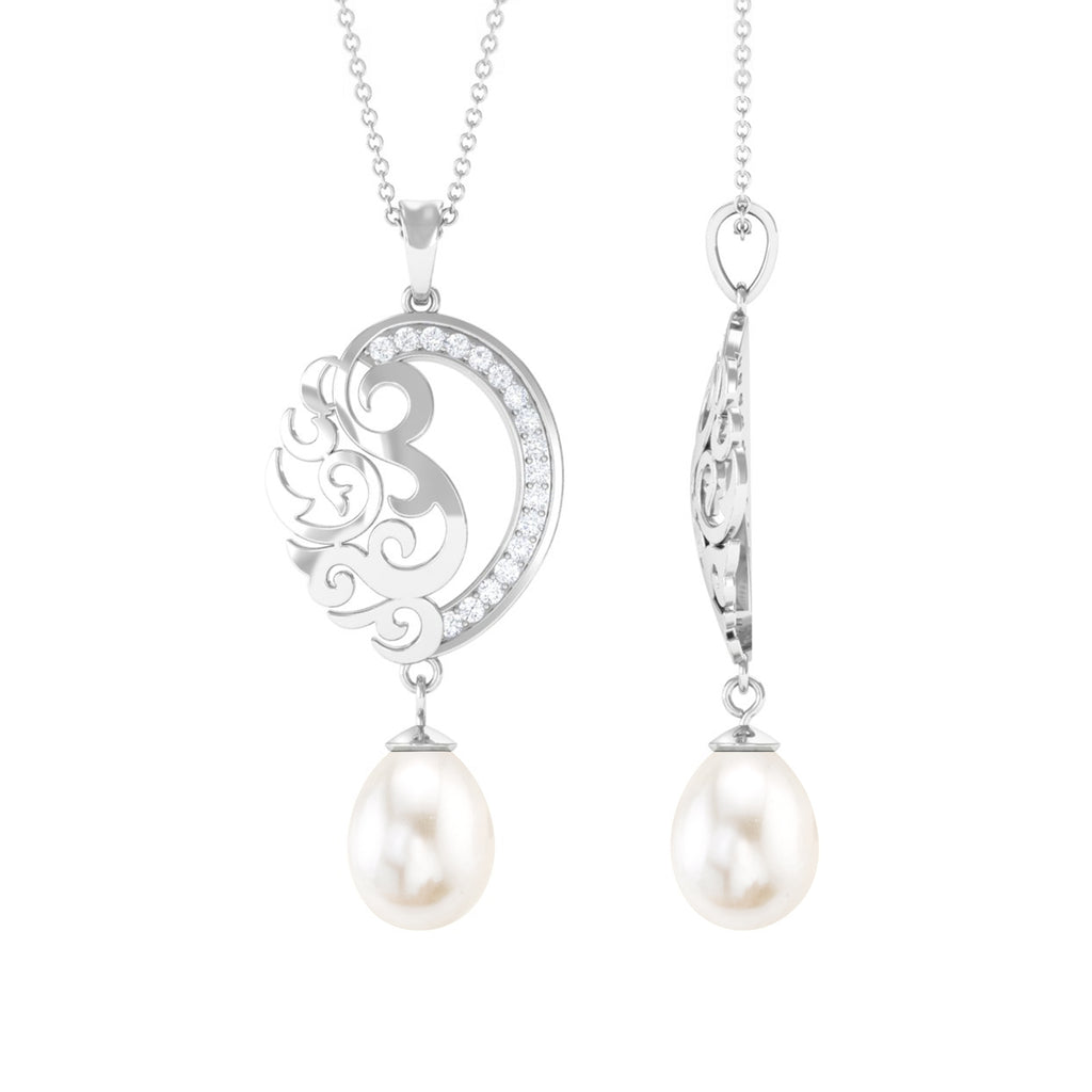 Freshwater Pearl Art Deco Drop Pendant with Diamond Freshwater Pearl - ( AAA ) - Quality - Rosec Jewels