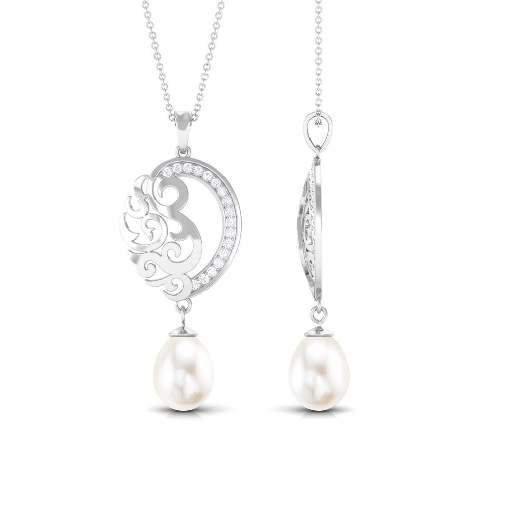 Freshwater Pearl Art Deco Drop Pendant with Diamond Freshwater Pearl - ( AAA ) - Quality - Rosec Jewels