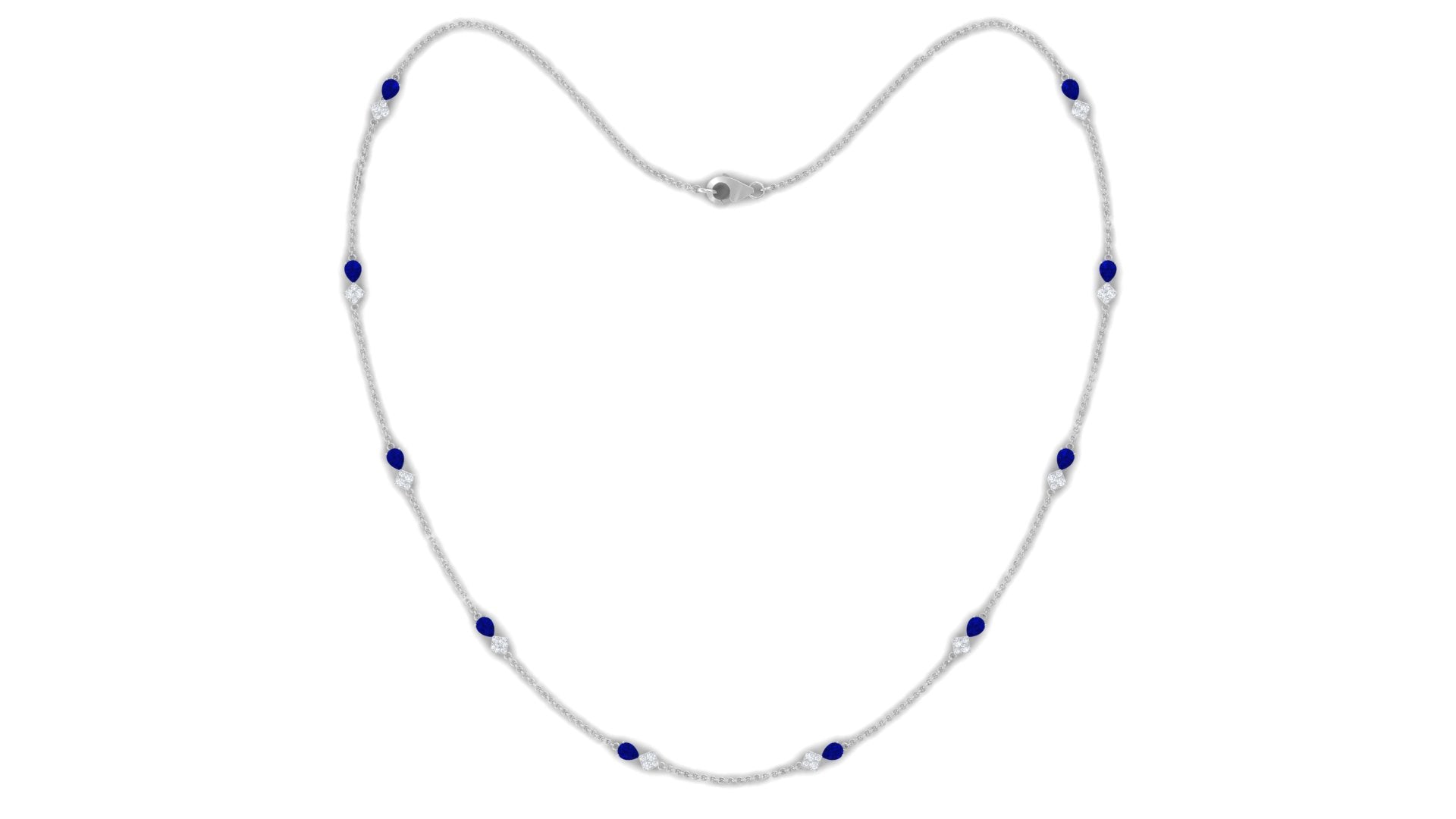 Pear Cut Created Blue Sapphire and Diamond Station Chain Necklace Lab Created Blue Sapphire - ( AAAA ) - Quality - Rosec Jewels