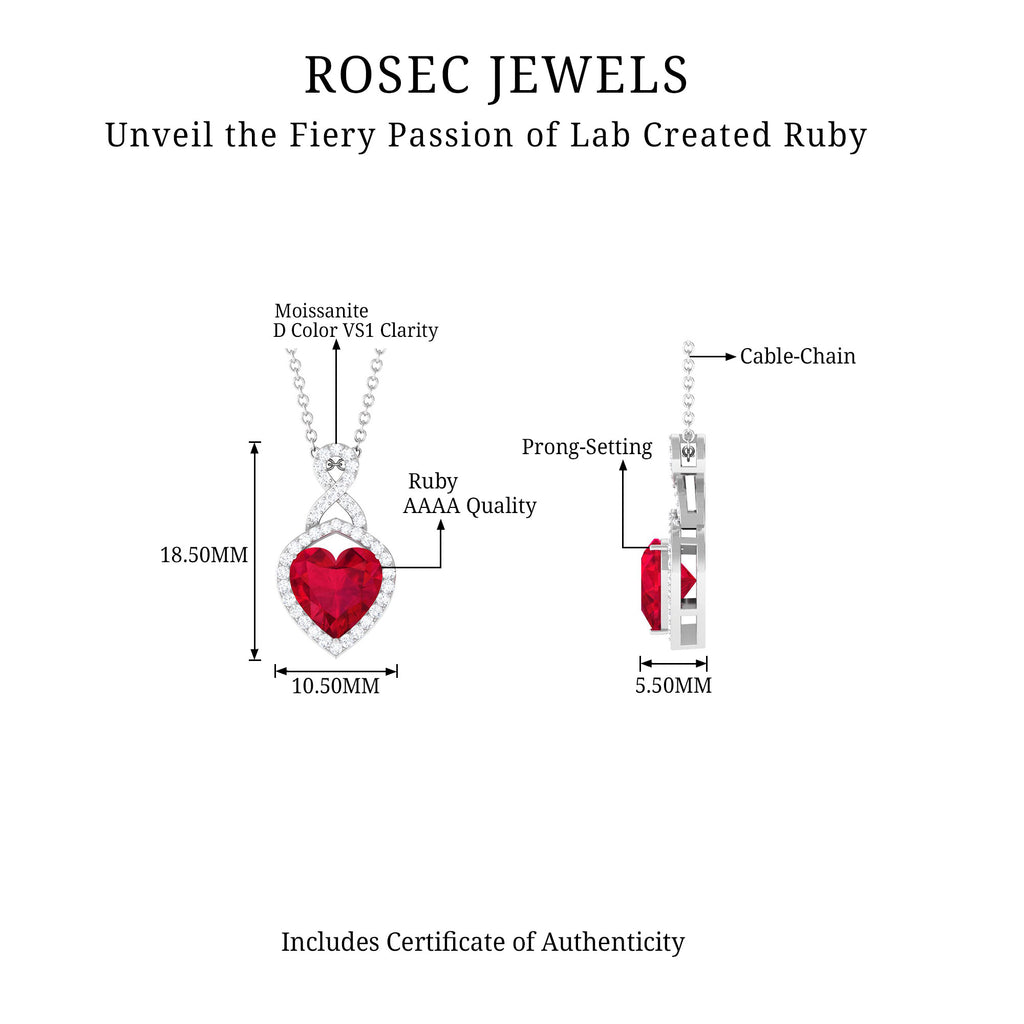 2.25 CT Heart Shape Created Ruby Pendant with Moissanite Accent Lab Created Ruby - ( AAAA ) - Quality - Rosec Jewels