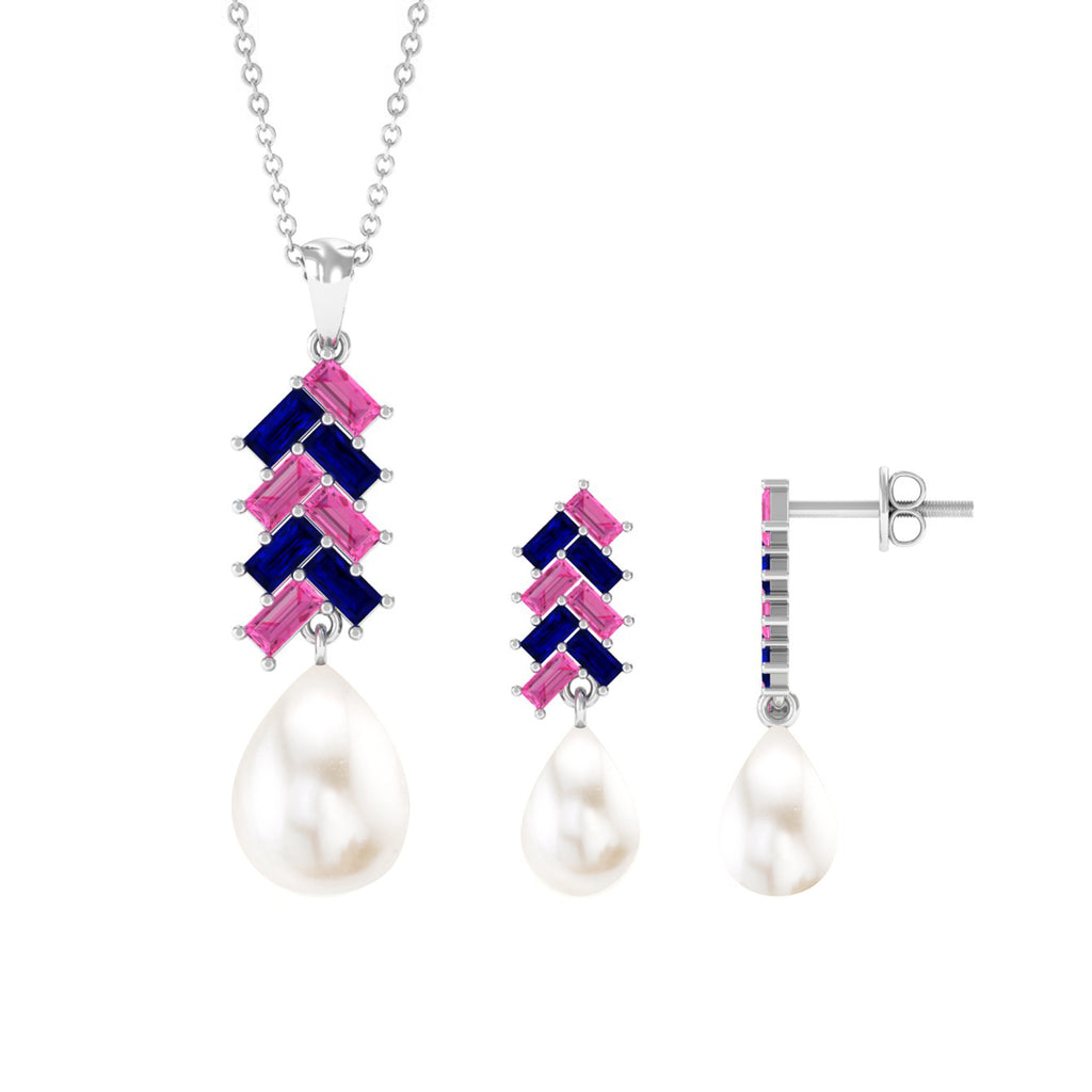 Freshwater Pearl Drop Jewelry Set with Pink and Blue Sapphire Freshwater Pearl - ( AAA ) - Quality - Rosec Jewels