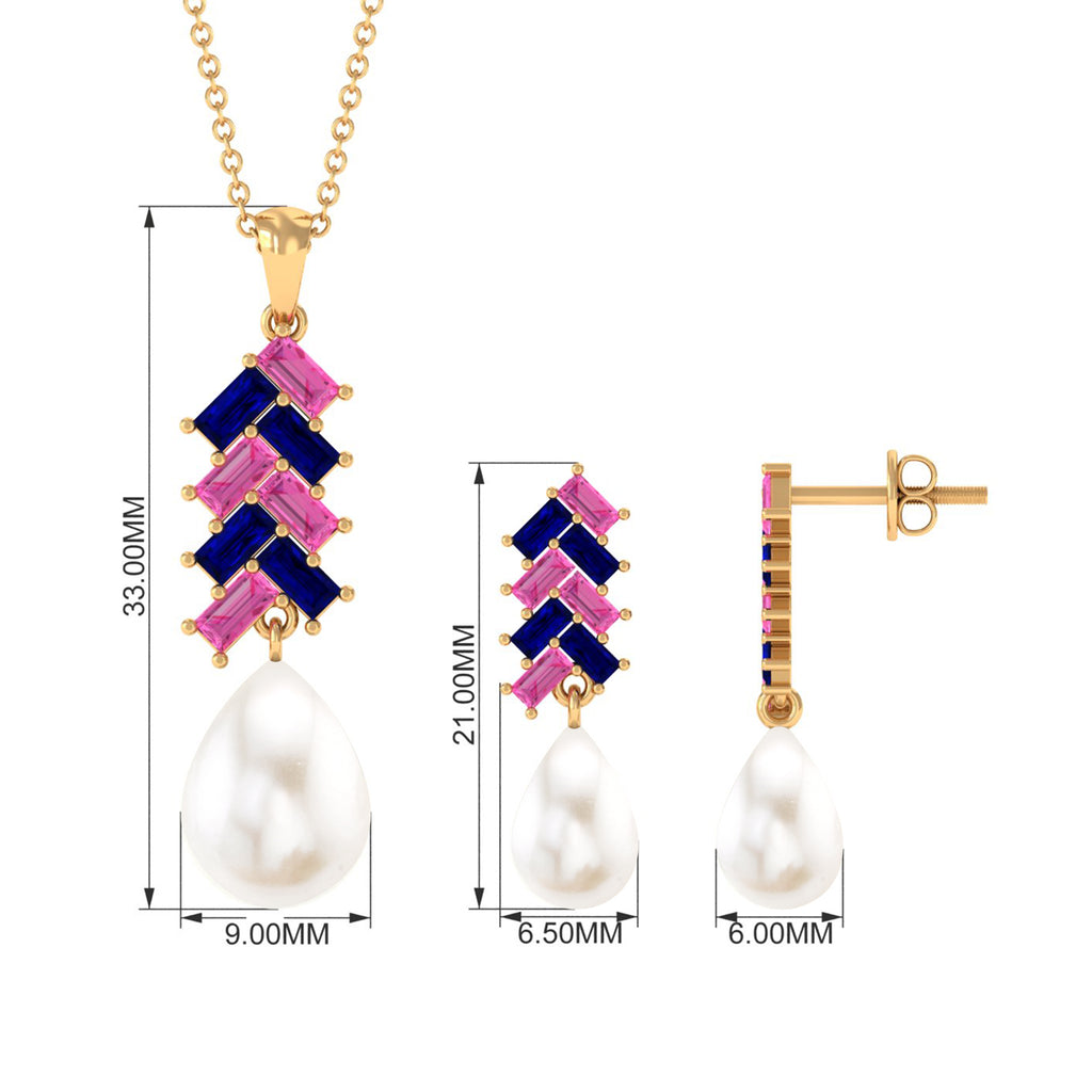 Freshwater Pearl Drop Jewelry Set with Pink and Blue Sapphire Freshwater Pearl - ( AAA ) - Quality - Rosec Jewels