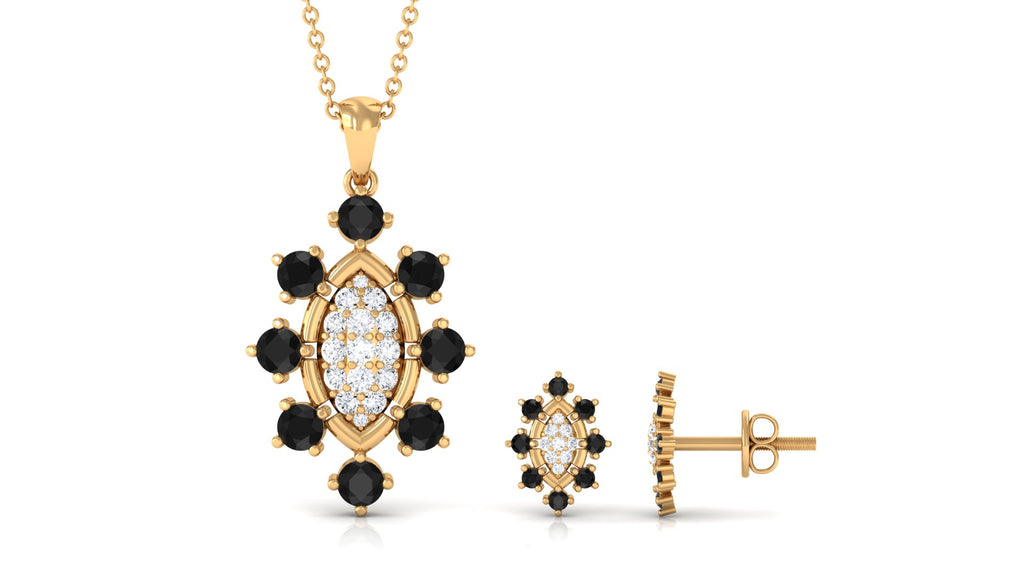 Black Onyx and Diamond Statement Pendant and Earrings Set Black Onyx - ( AAA ) - Quality - Rosec Jewels