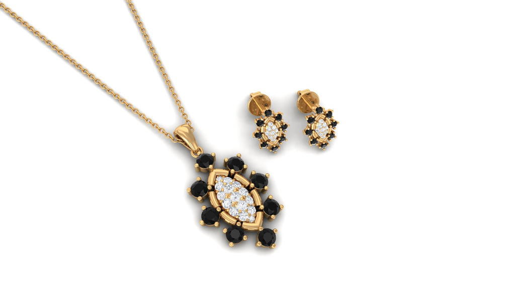 Black Onyx and Diamond Statement Pendant and Earrings Set Black Onyx - ( AAA ) - Quality - Rosec Jewels