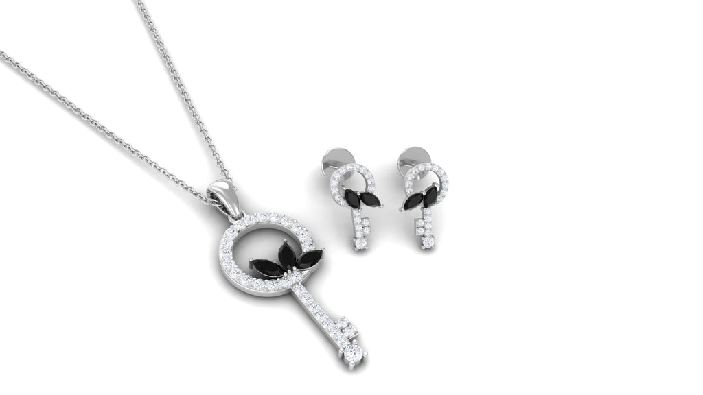 1.25 CT Black Onyx and Diamond Key Pendant Earrings Set Black Onyx - ( AAA ) - Quality - Rosec Jewels