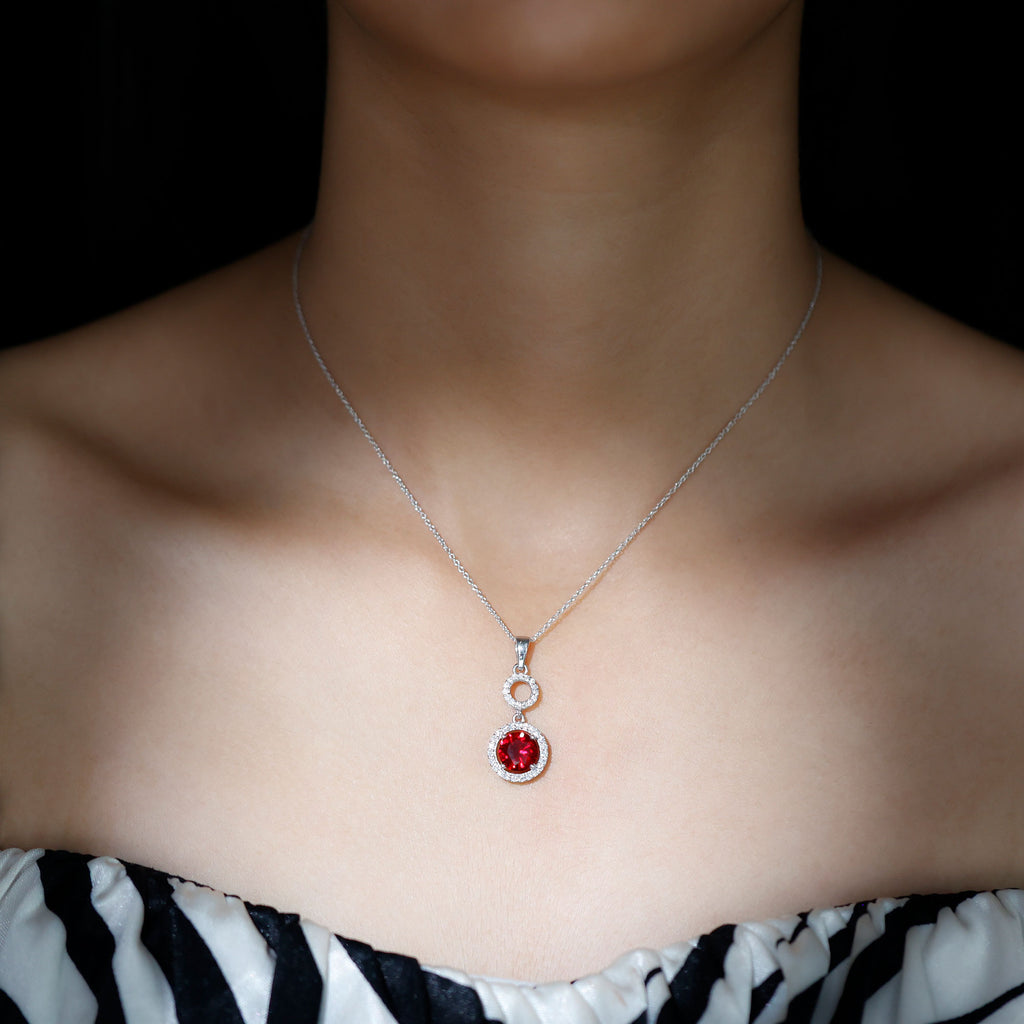 2.75 CT Created Ruby Dangle Pendant Necklace with Moissanite Halo Lab Created Ruby - ( AAAA ) - Quality - Rosec Jewels