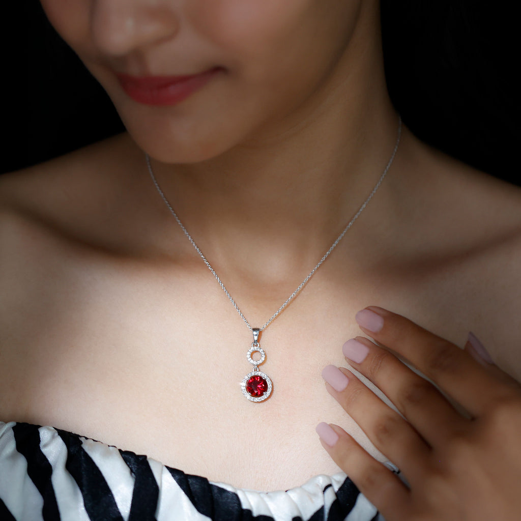 2.75 CT Created Ruby Dangle Pendant Necklace with Moissanite Halo Lab Created Ruby - ( AAAA ) - Quality - Rosec Jewels