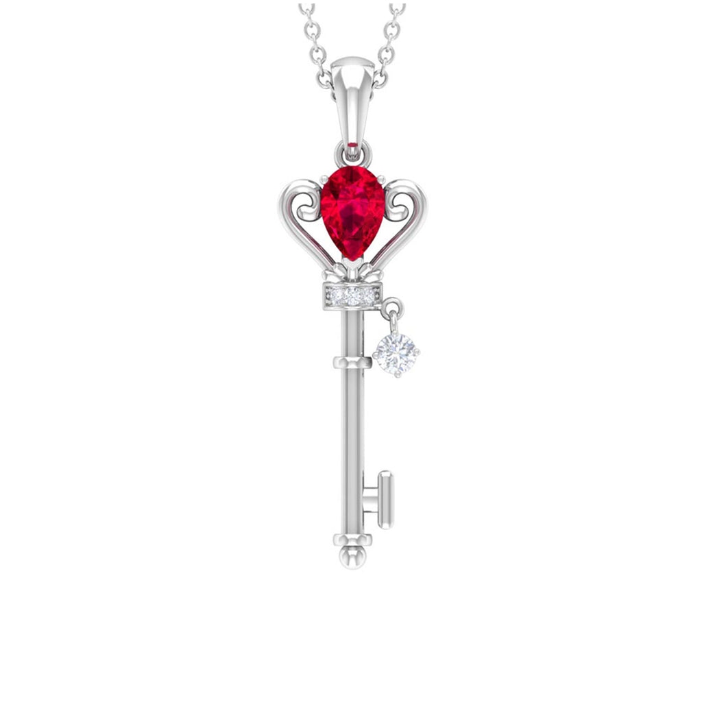 Designer Pear Cut Created Ruby and Diamond Key Pendant Lab Created Ruby - ( AAAA ) - Quality - Rosec Jewels
