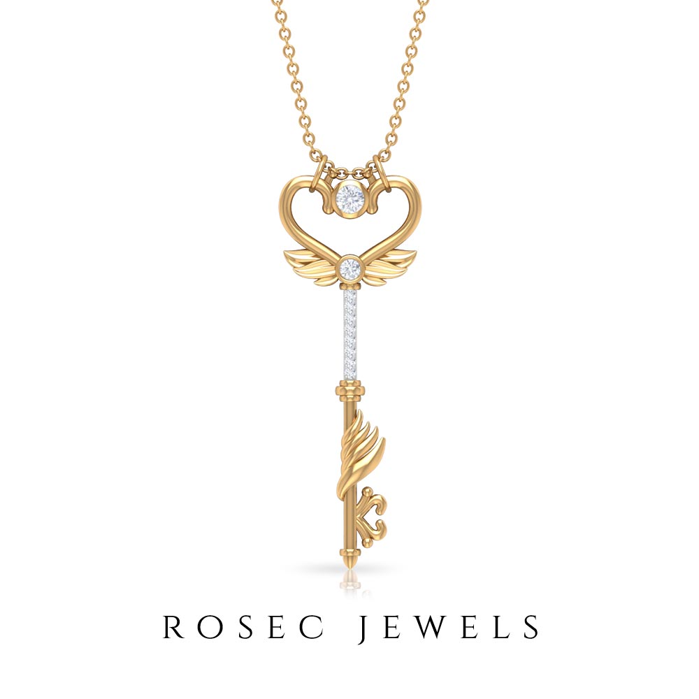 Diamond Heart Key Pendant Necklace with Angel Wings Diamond - ( HI-SI ) - Color and Clarity - Rosec Jewels