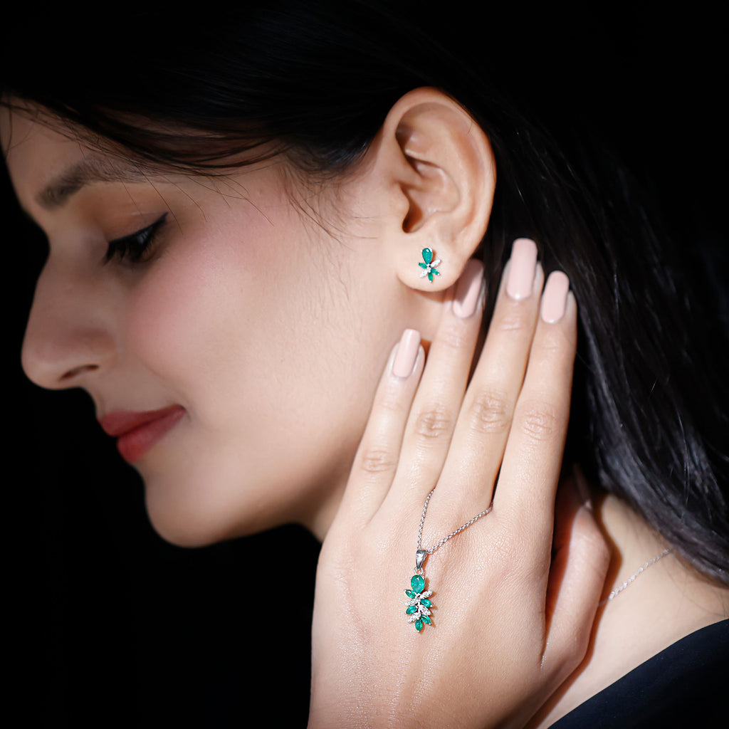 1.75 CT Nature Inspired Emerald and Diamond Dangle jewelry Set Emerald - ( AAA ) - Quality - Rosec Jewels