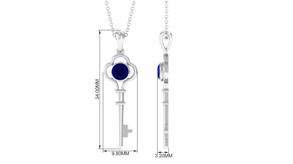 Bezel Set Round Blue Sapphire Gold Key Pendant Blue Sapphire - ( AAA ) - Quality - Rosec Jewels