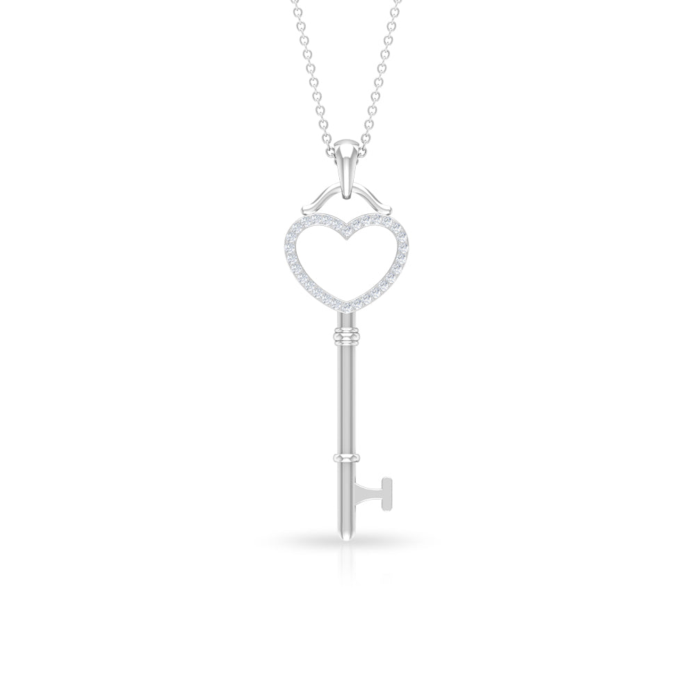 Heart Key Pendant Necklace with Cubic Zirconia Zircon - ( AAAA ) - Quality - Rosec Jewels