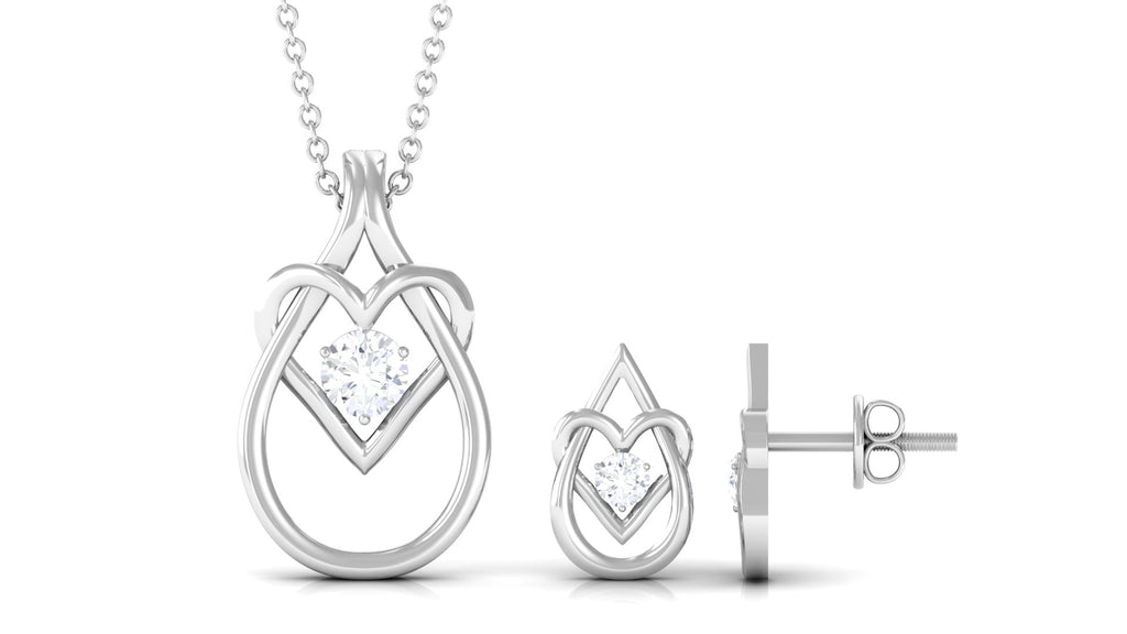 Round Zircon Gold Teardrop Heart Pendant and Earrings Set Zircon - ( AAAA ) - Quality - Rosec Jewels