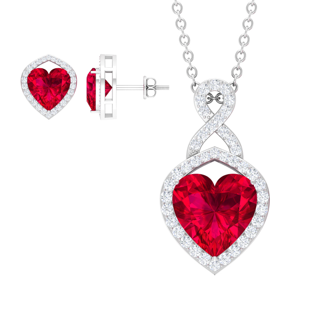 Heart Shape Created Ruby and Moissanite Infinity Pendant Earrings Set Lab Created Ruby - ( AAAA ) - Quality - Rosec Jewels
