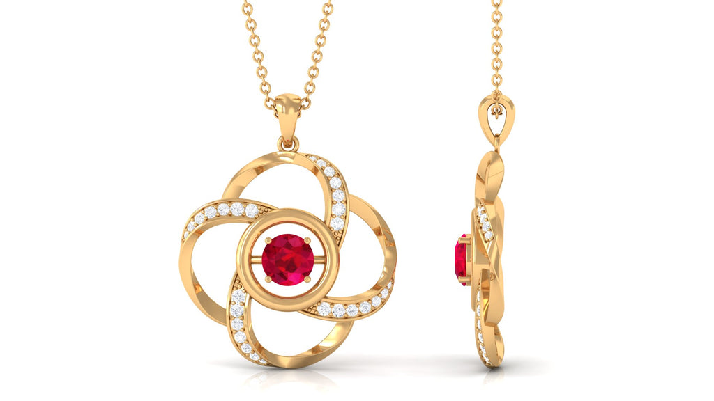 Modern Flower Pendant with Round Created Ruby and Diamond Lab Created Ruby - ( AAAA ) - Quality - Rosec Jewels