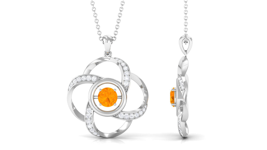 Modern Flower Pendant with Round Fire Opal and Diamond Fire Opal - ( AAA ) - Quality - Rosec Jewels