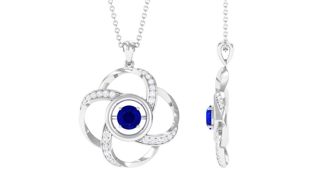 Modern Flower Pendant with Round Created Blue Sapphire and Diamond Lab Created Blue Sapphire - ( AAAA ) - Quality - Rosec Jewels