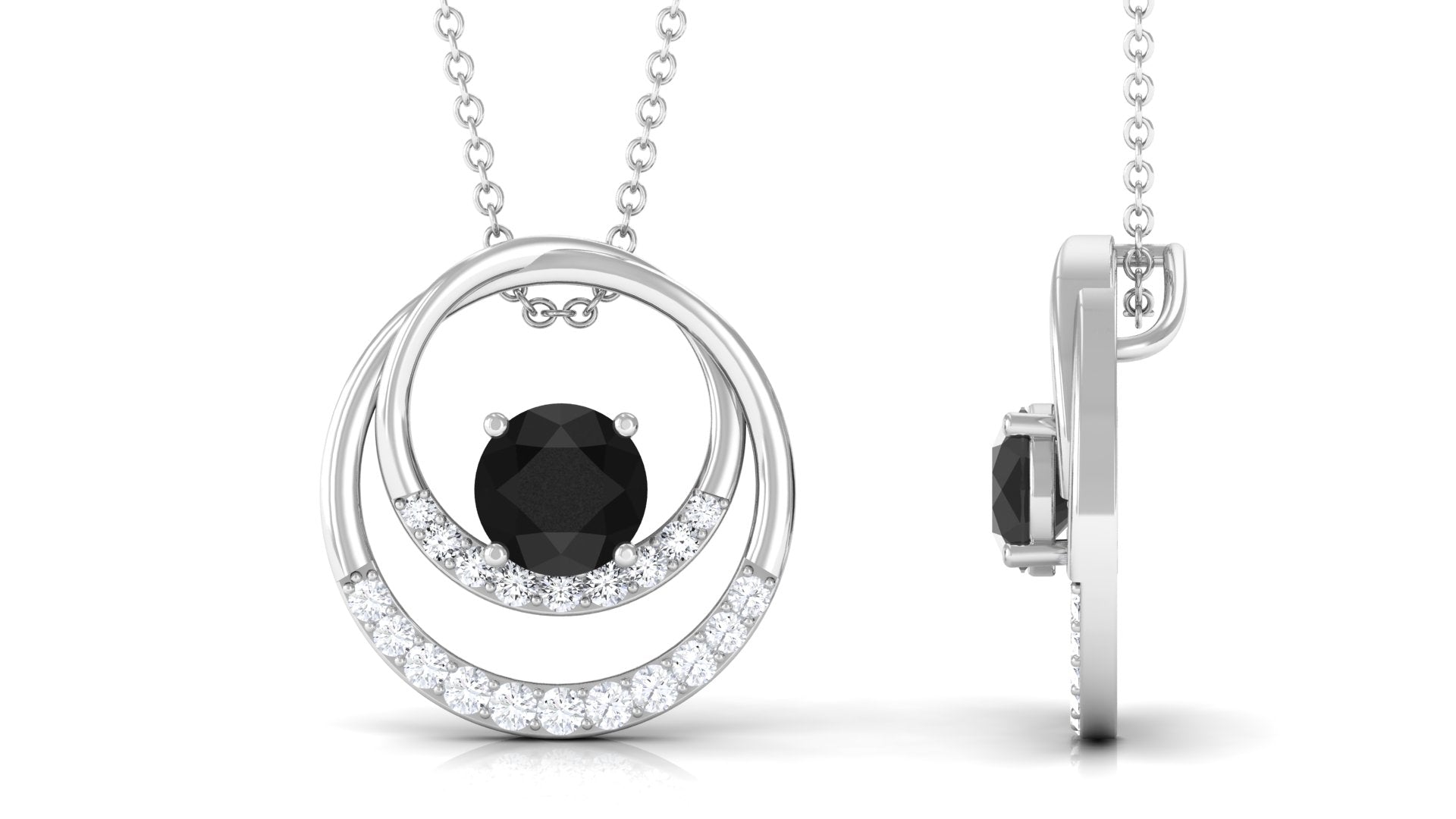 Created Black Diamond and Diamond Open Circle Pendant Lab Created Black Diamond - ( AAAA ) - Quality - Rosec Jewels