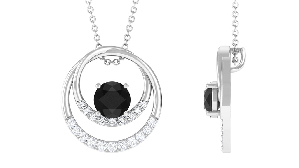 Real Black Spinel and Diamond Open Circle Pendant Black Spinel - ( AAA ) - Quality - Rosec Jewels