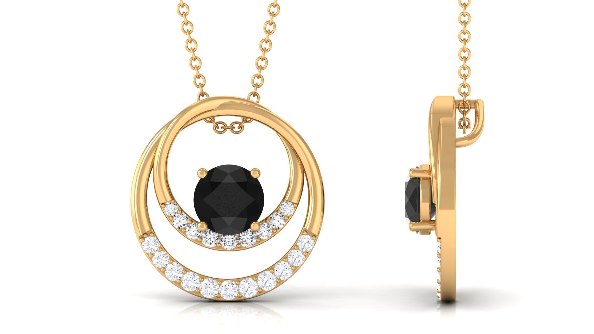 Real Black Spinel and Diamond Open Circle Pendant Black Spinel - ( AAA ) - Quality - Rosec Jewels