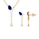 Minimal Blue Sapphire Dangle Necklace and Earrings Set with Diamond Blue Sapphire - ( AAA ) - Quality - Rosec Jewels