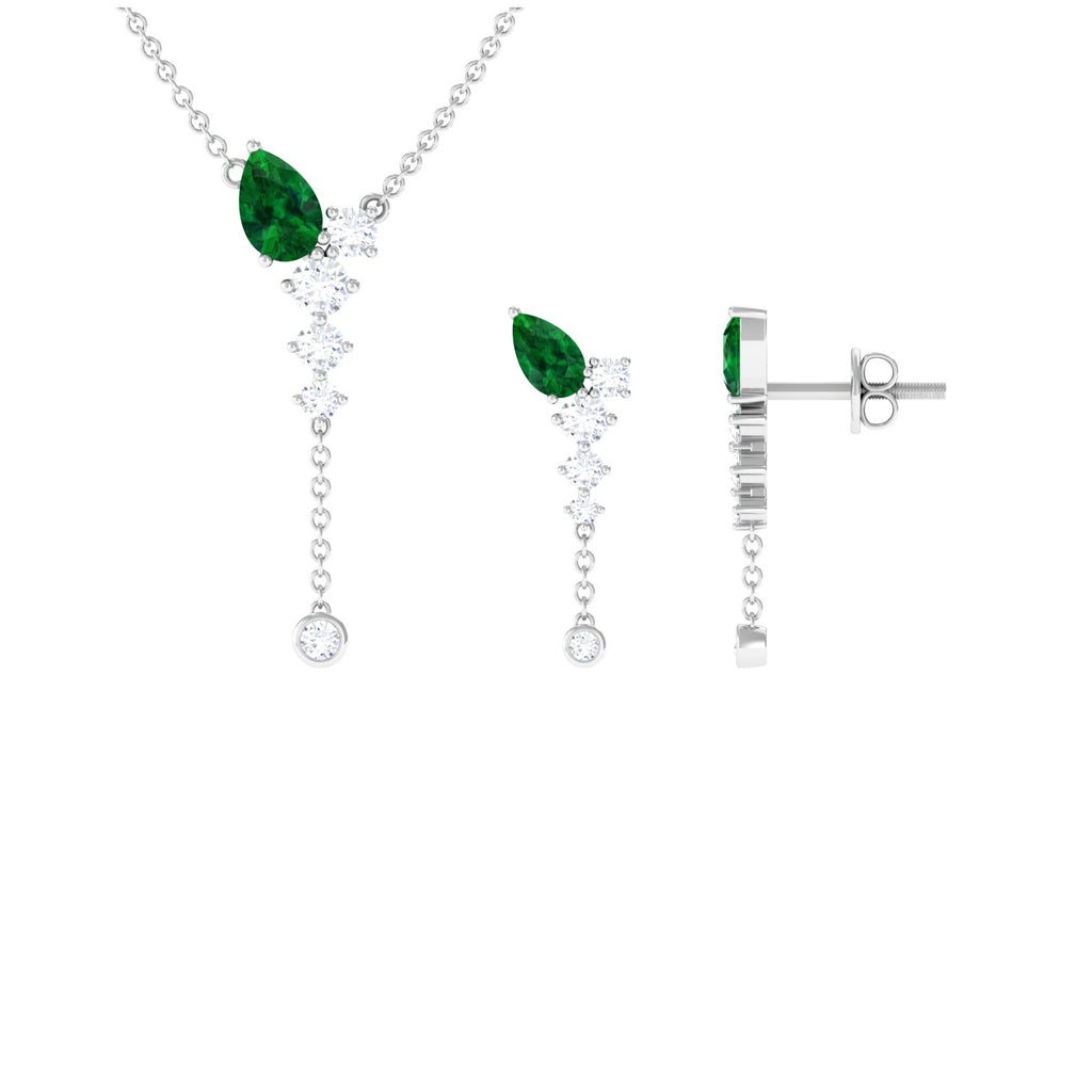 Minimal Created Emerald Dangle Necklace and Earrings Set in Gold with Moissanite Lab Created Emerald - ( AAAA ) - Quality - Rosec Jewels