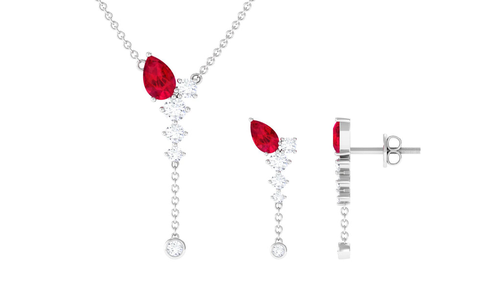 Minimal Created Ruby Dangle Necklace and Earrings Set in Gold with Moissanite Lab Created Ruby - ( AAAA ) - Quality - Rosec Jewels