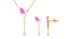 Minimal Pink Sapphire Dangle Necklace and Earrings Set with Diamond Pink Sapphire - ( AAA ) - Quality - Rosec Jewels